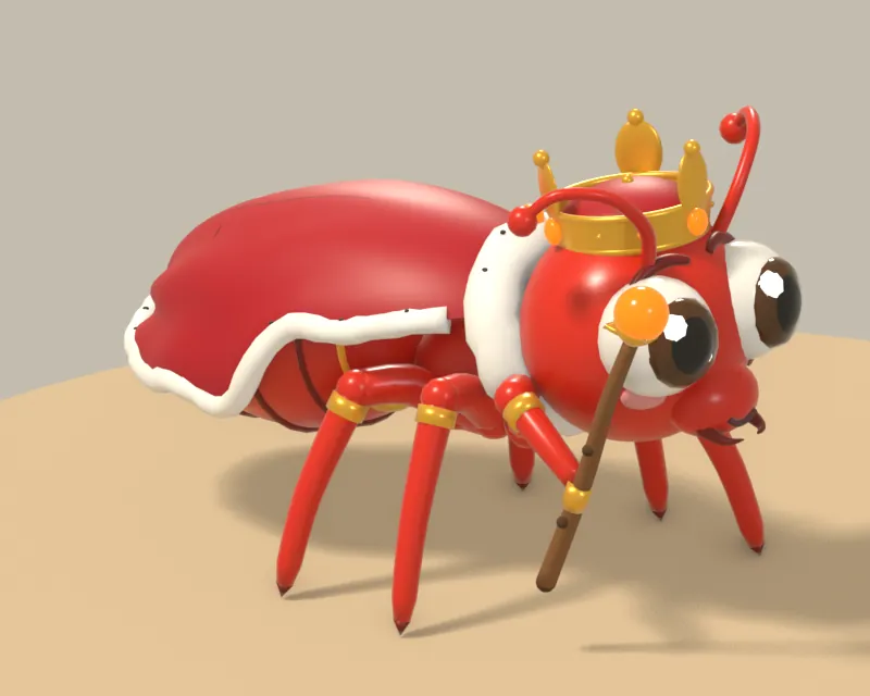 Ant King: a red ant with a crown, cape and sceptre