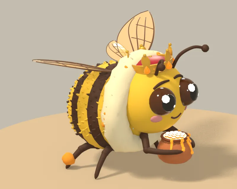 Bee King: a round bumblebee with a crown holding a honey pot