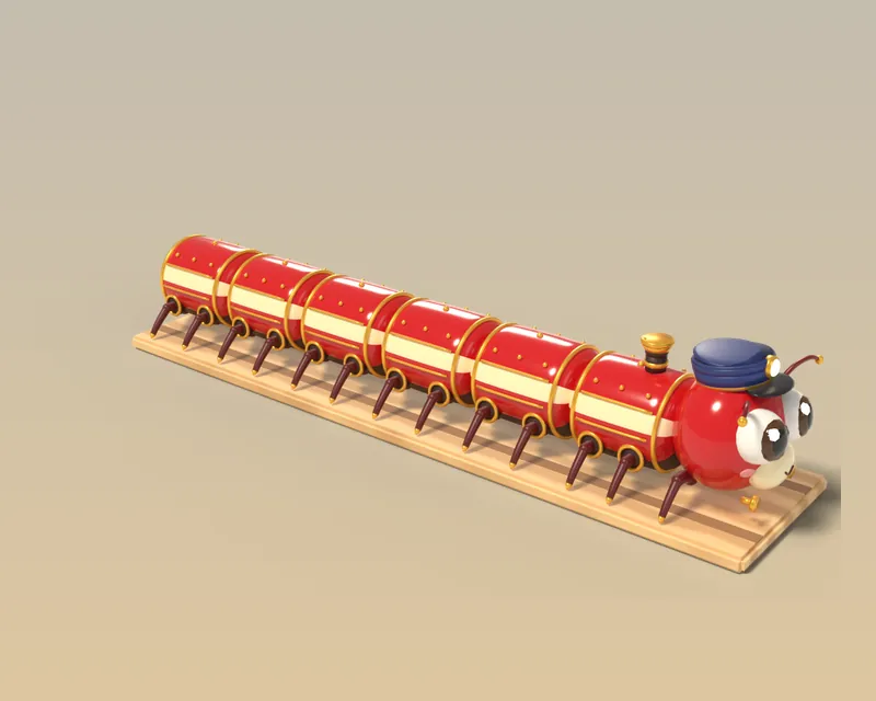 Millipede Express: a red train-like millipede with a conductor cap