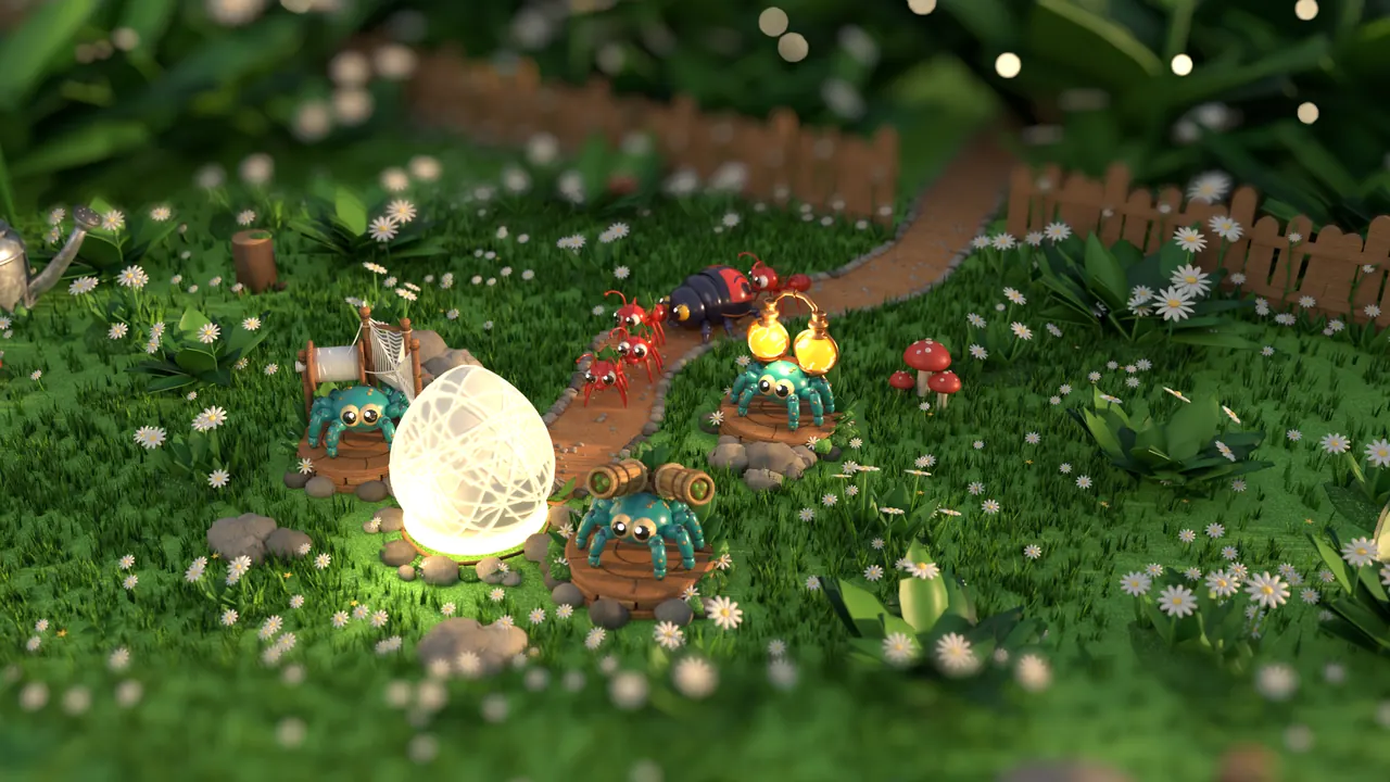 Spider Defense: teal spider towers defending a glowing egg from a line of bugs