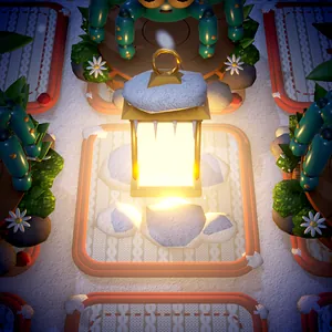 Close-up of a lit pad lantern in Frostlight Garden