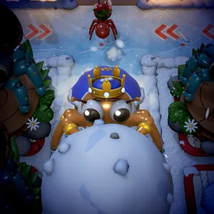 Close-up of the Snowball King rolling his snowball on ice