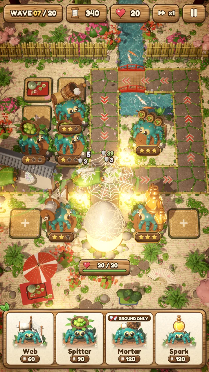 Blossom Bridge in play: a tea garden with cherry blossom, a koi stream and a red bridge