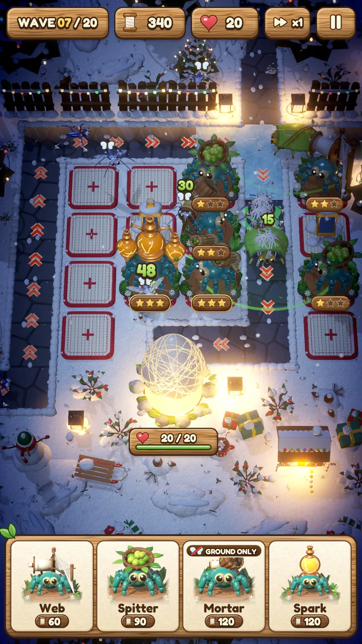 Frostlight Garden in play: a snowy garden at night with a frozen pond