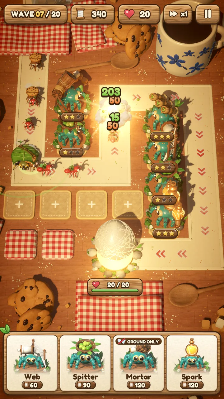 Kitchen Raid in play: a serpentine path over a wooden kitchen counter with gingham napkins