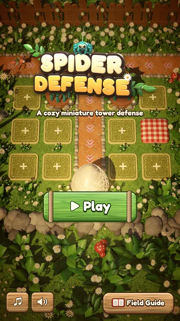 Spider Defense main menu with the 3D logo and a Play button