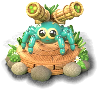 The Seed Spitter tower: a teal spider with twin seed cannons