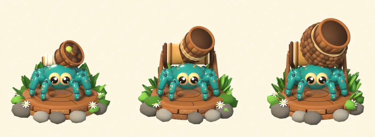 The Acorn Mortar tower at levels 1, 2 and 3
