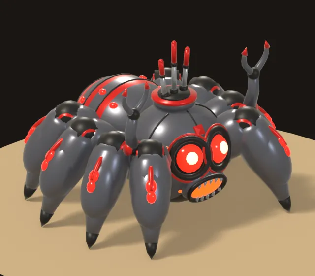Mecha Spider boss: a black and red robot spider