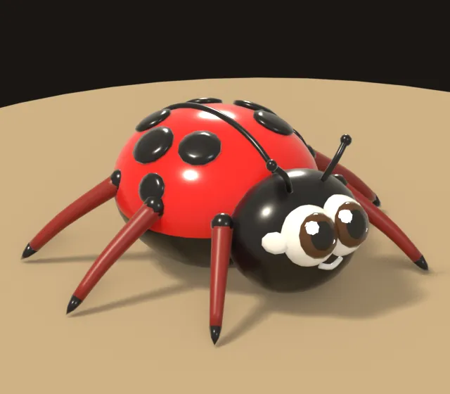 Ladybug: red shell with black spots and big eyes