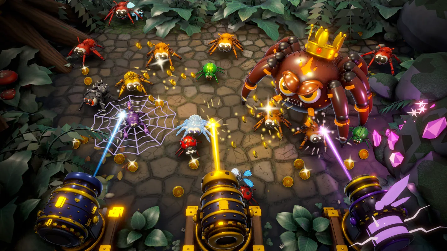 Spider Hunter in play: cannons firing at a crowned Queen Spider