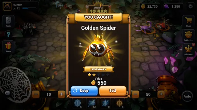 You Caught card for the Golden Spider with Keep and Sell buttons