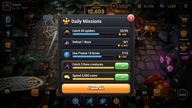 Daily missions list with progress bars and a Claim All button