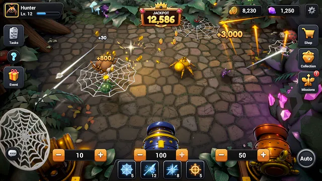 Spider Hunter table: three cannons, a jackpot counter and creatures on the forest floor