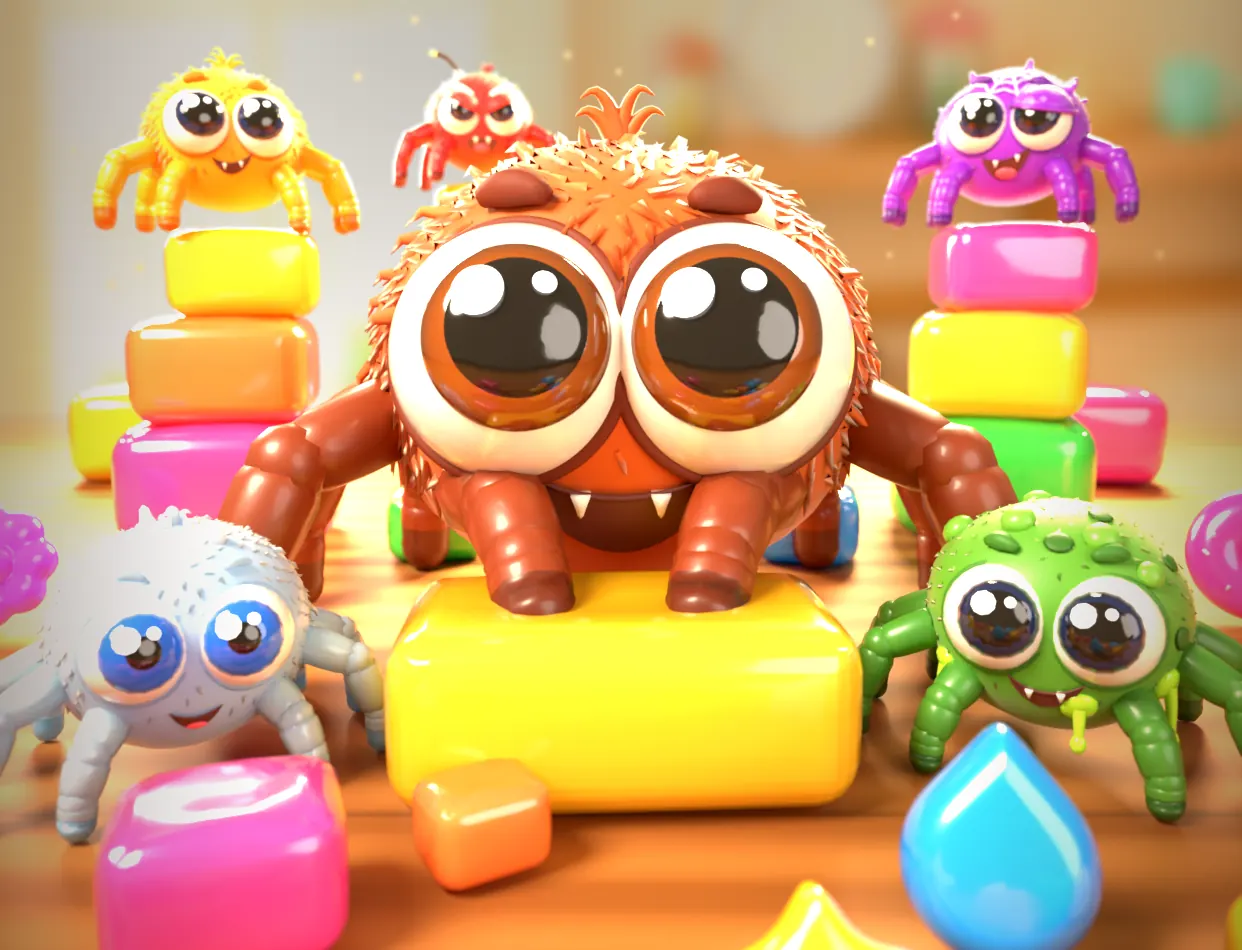 Spider Squash: a fuzzy orange spider hugging a pink jelly candy with friends behind it