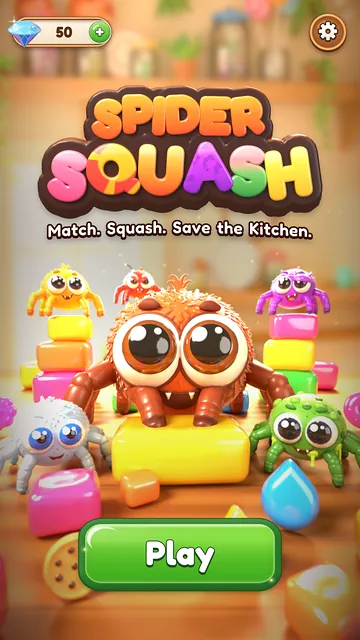 Spider Squash home screen with the logo, the spider gang and a Play button