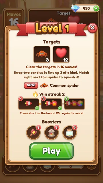 Level start card with targets, the win streak and boosters