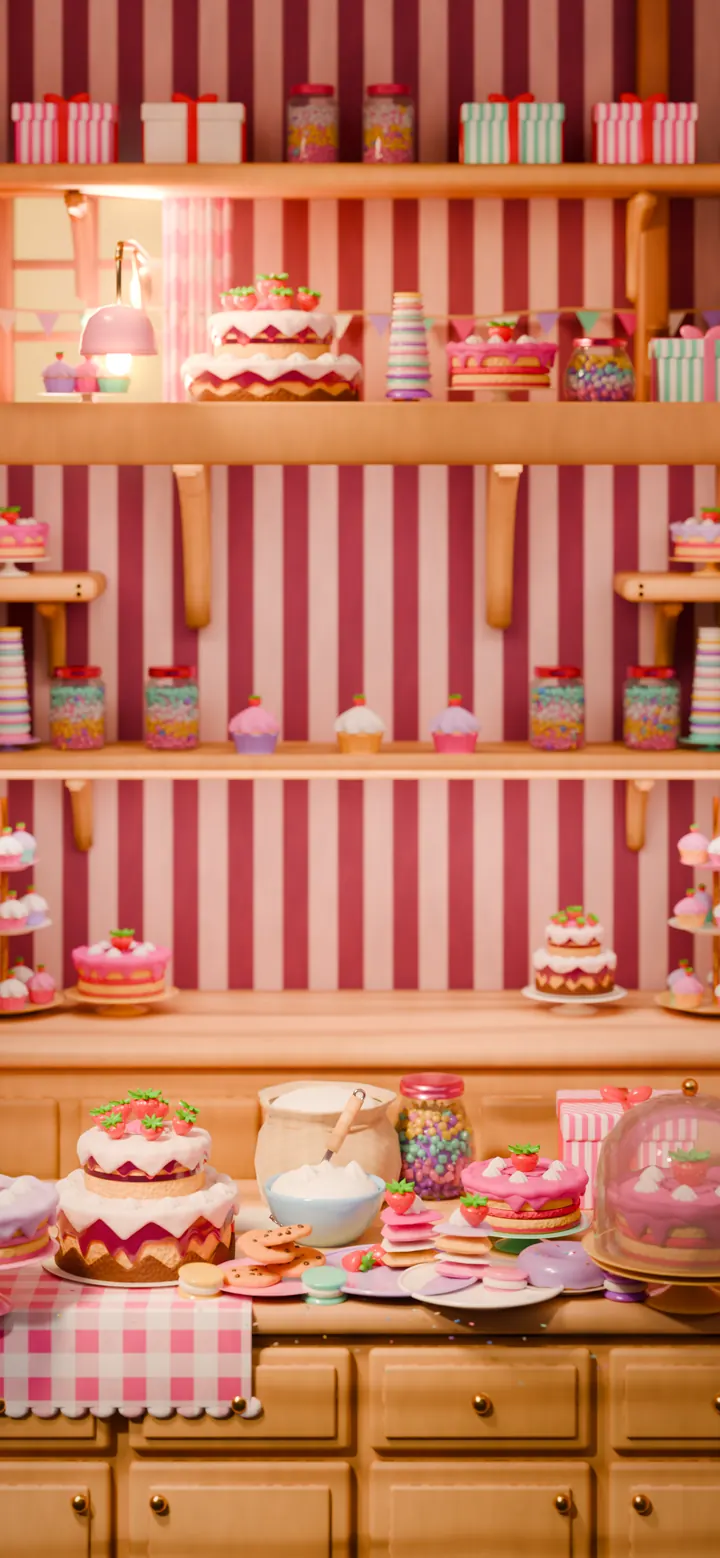 The Bakery world backdrop: pink striped walls and shelves of cakes
