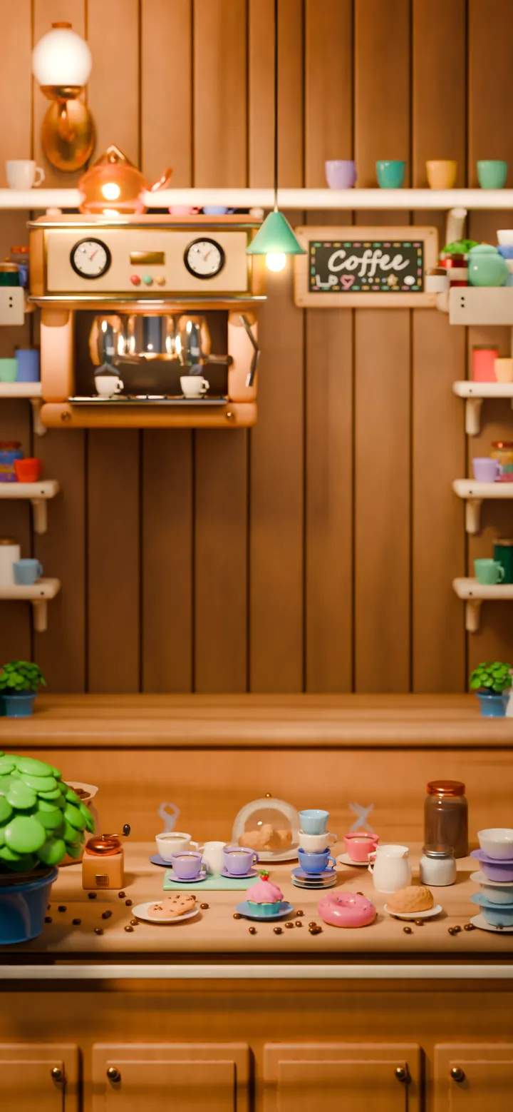 The Cafe world backdrop: a wooden cafe counter with a coffee machine