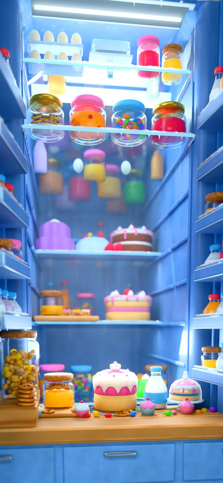 The Fridge world backdrop: an open fridge full of desserts