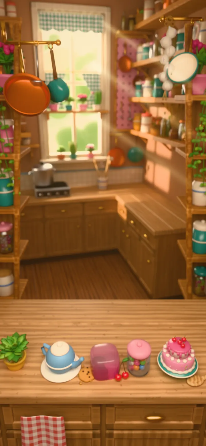 The Kitchen world backdrop: a warm wooden kitchen with copper pans