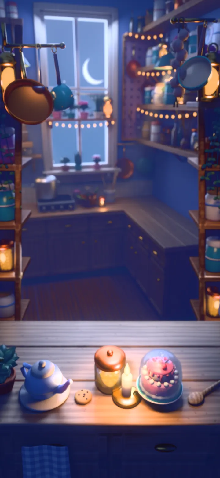 The Night Kitchen world backdrop: the kitchen in blue moonlight