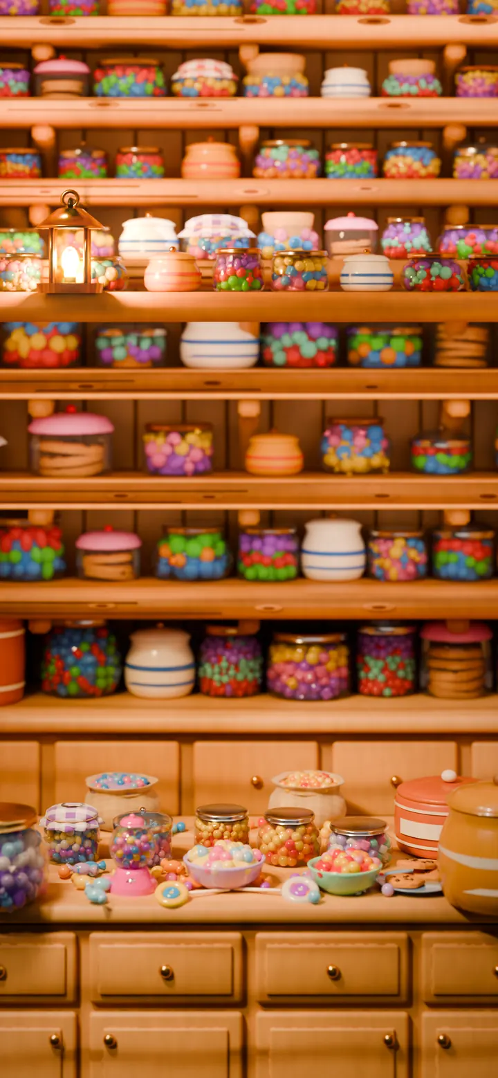 The Pantry world backdrop: shelves of jars and sweets