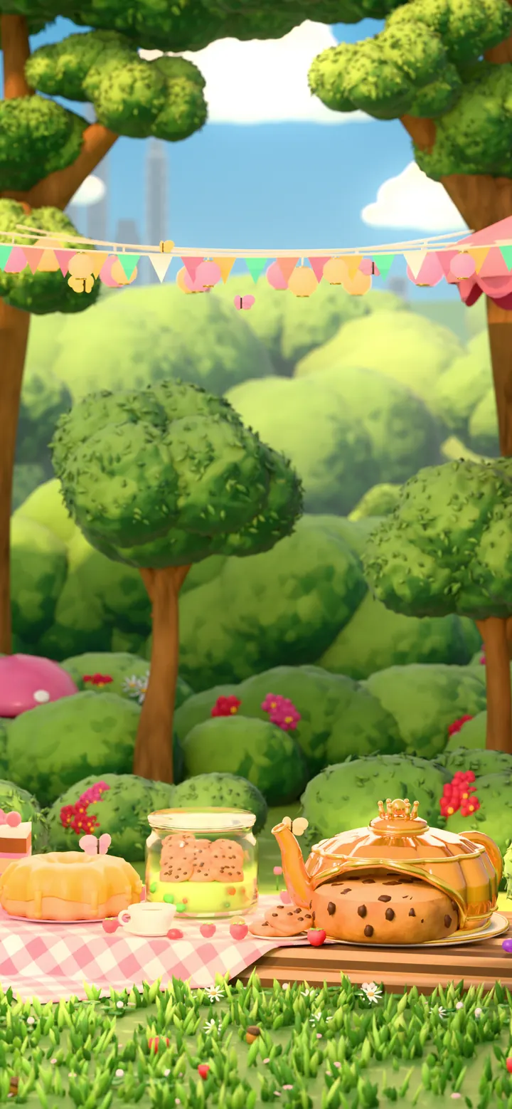 The Outdoor Picnic world backdrop: a picnic blanket under green trees